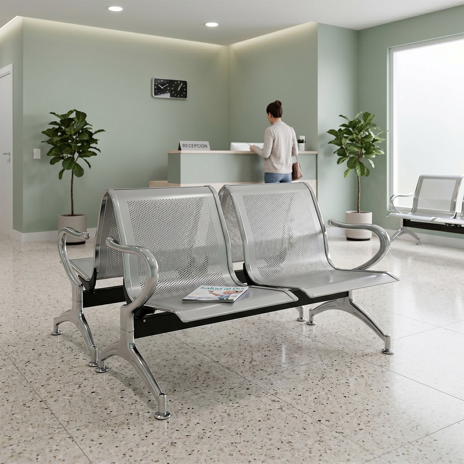 Silla Tandem 2 Puestos Gris y Cromo