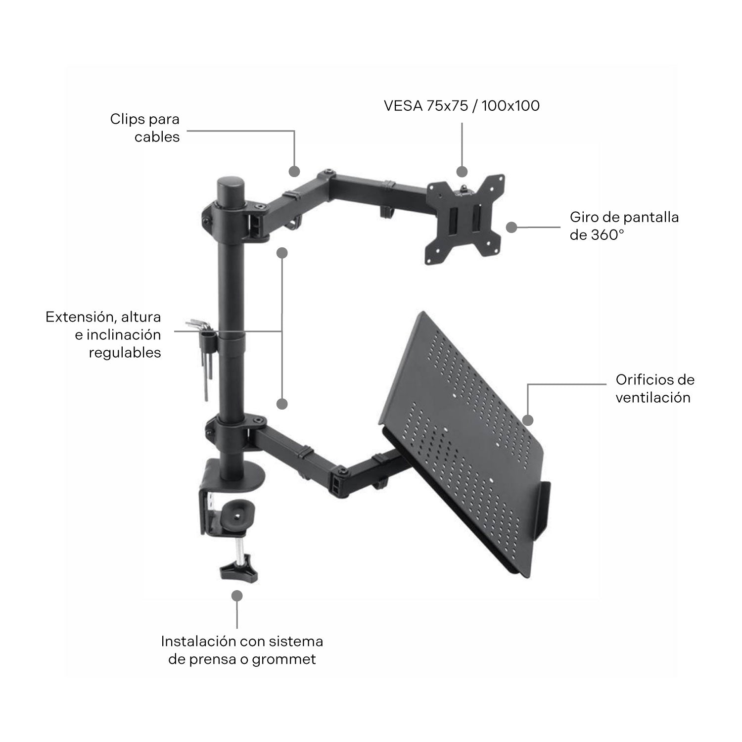 Combo 5 Soportes Brazo Doble para Portátil y Monitor en Acero