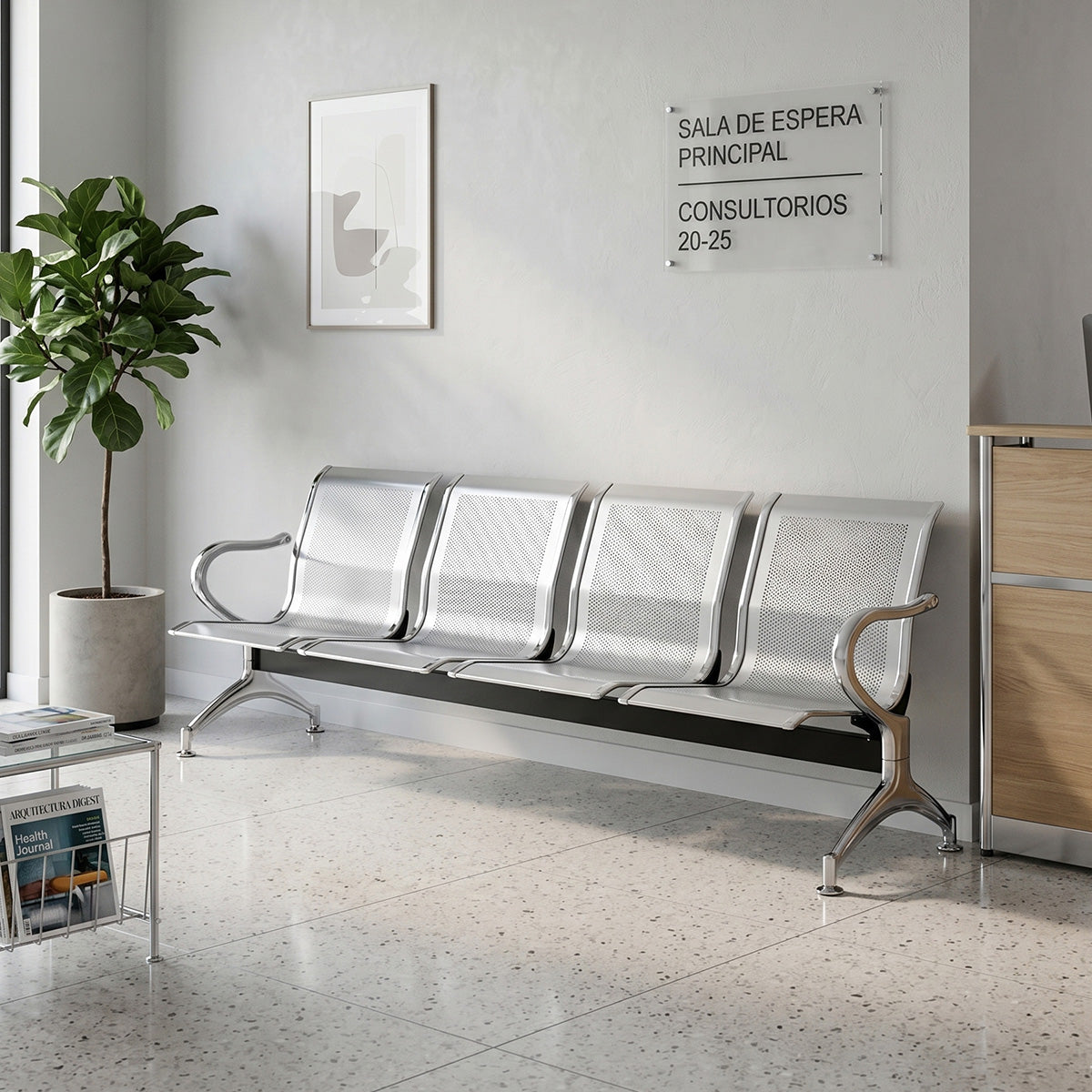 Silla Tandem Alis 4 Puestos Gris y Cromo