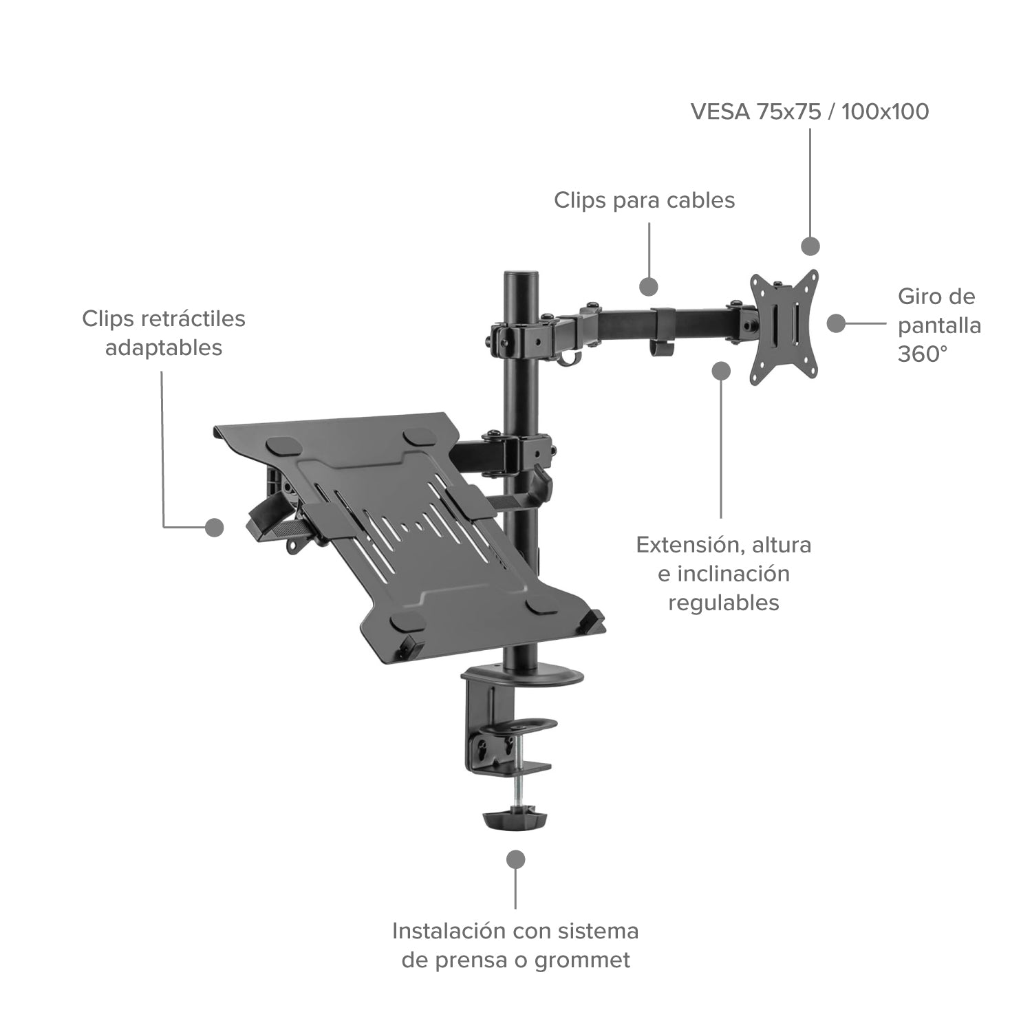 Soporte Brazo Doble para Portátil y Monitor en Acero