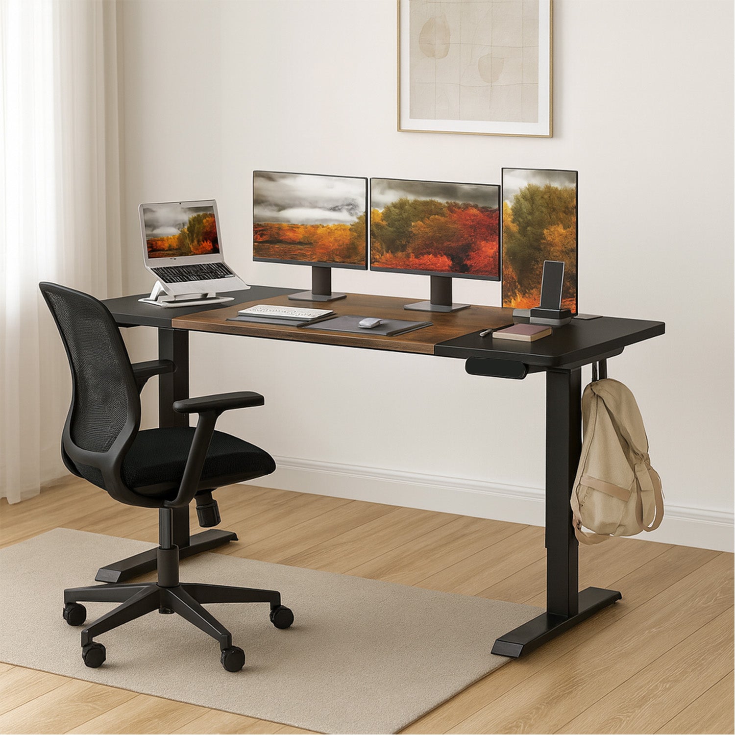 Escritorio Eléctrico Ajustable Con Rodachinas Negro y Café
